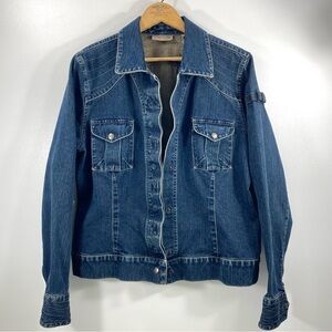 Vintage I. E. Relaxed Snap Front Trucker Blue Denim Jean Jacket + Moto Detail XL